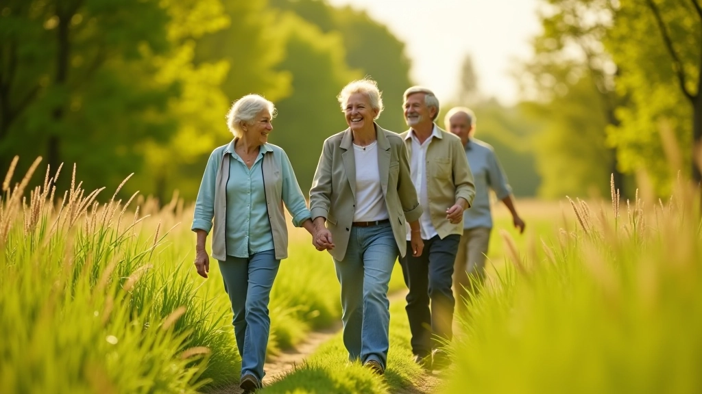 Grupa senioru kopā bauda pastaigu dabu