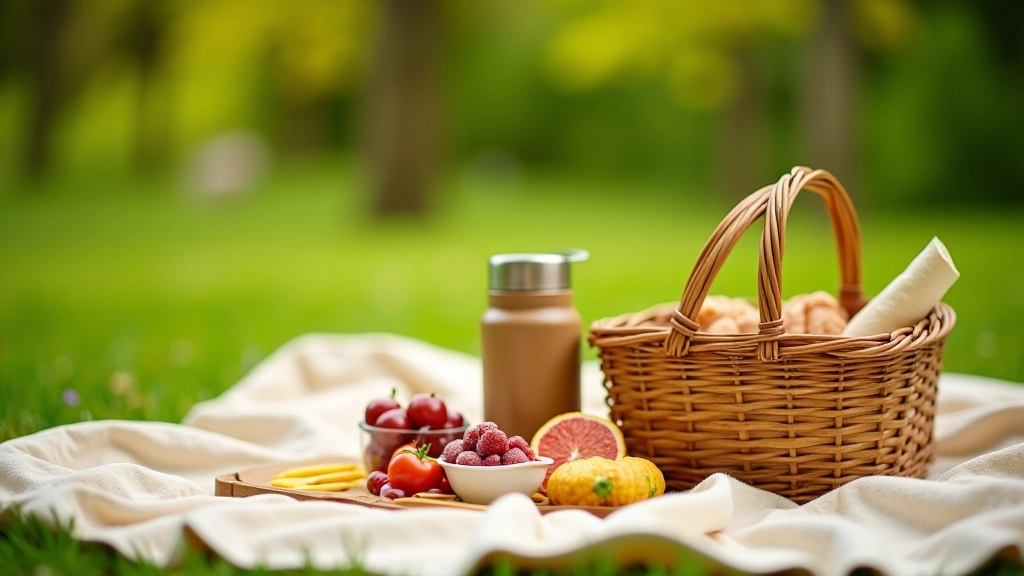 Piknika grozs ar veselīgiem ēdieniem, glāzes un plēdi uz zāles