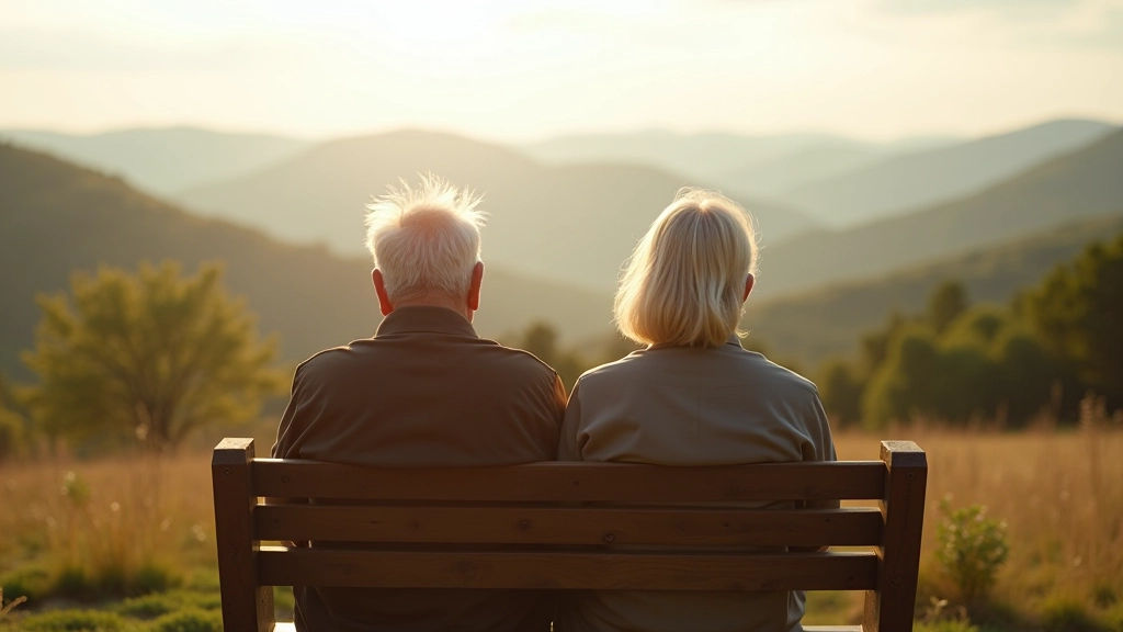 Pāris senioru sēž uz koka solītes skatu punktā, sakatā uz tālu skatu, mierīga atmosfēra