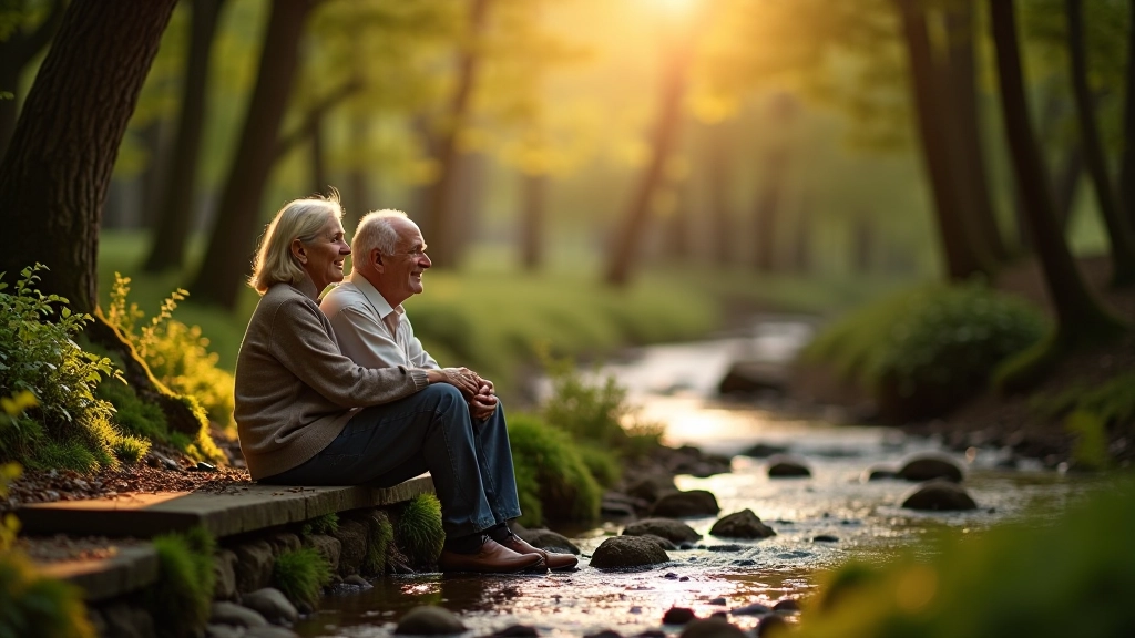 Seniori ģimenes kopā sēž uz soļiem pie maza ūdens plūdiņa meža vidū